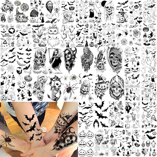 52 Blatt Halloween Temporäre Tattoos Kinder Damen Herren, 3D Gesicht Totenkopf Skelett Fake Tattoos Aufkleber Erwachsene, Geist Zombie Vampir Fledermaus Kürbis Spinnennetz Massen Tattoo Teufel Katze