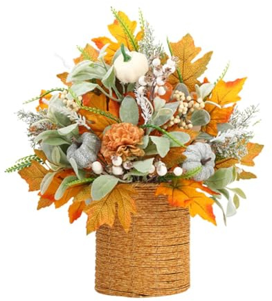 Fall Door Hanger Basket Wreath Artificial Flowers Wreath with Pumpkin Hanging Baskets for Autumn Wedding Halloween Thanksgiving Harvest Festival Farmhouse Window Home Wall Front Door Decor