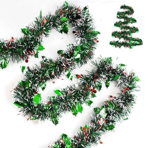 G2PLUS 10M Guirnalda de Oropel de Navidad: Decoración Navideña de Oropel Verde Guirnalda Tinsel para Decoración Navideña Interior y Exterior