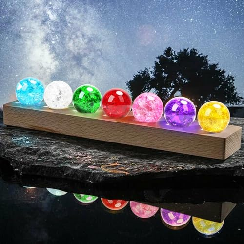 7 Stück Kristallkugel Lampen, Durchmesser 40mm Fantastische Kristallkugel Nachtlicht mit Holzsockel Natürlich Glas Kristallkugel Licht Bunte Glas Kristallkugeln, Schlafzimmer Nachtlicht Dekoration (A)