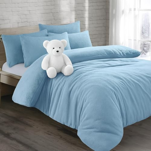 KD HOME EVERYTHING YOU NEED Teddy Bear Fleece Super Soft Fluffy Warm and Cosy Duvet Sets with matching Fitted Sheet and Pillowcases (Light Blue, Double Duvet Set + Fitted Sheet)