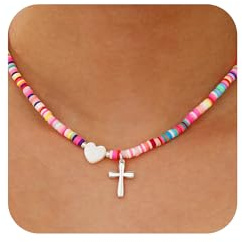 Aretas Colorful Beaded Cross Necklace for Women Girls Kids Christening Christian Religious Catholic Baptism Graduation First Communion Confirmation Jewelry Gifts for Teen Girls Women Silver