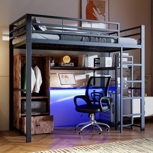 Merax Hochbett 90x200 mit Schreibtisch & Großer Stauraum, Stabile Metallbett Multifunktionales Bettgestell mit LED-Beleuchtung, Schubladen, offene Ablagefächer, Regale, für Kinder/Erwachsene, Schwarz