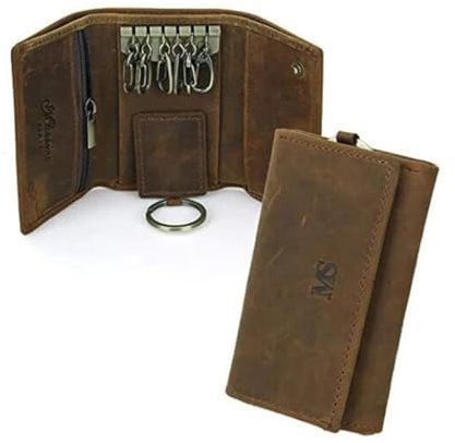 BED TIME UK Vintage Leather Men’s Car Key Wallet – Compact Key Case with Zipper Closure & Keychain Holder for Secure, Organized Key Storage – Classic Brown