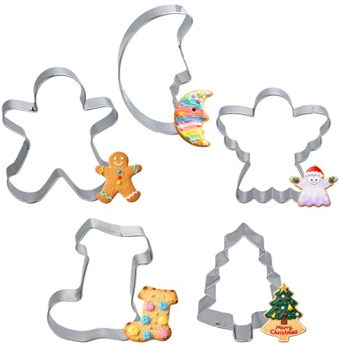 KOOOGEAR Ausstechformen Navidad, 5 piezas de cortadores de galletas, cortadores de galletas de acero inoxidable de alce, cortador de galletas para hornear fondant y tartas, árbol de Navidad, muñecos