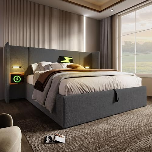 BXEYXE Polsterbett Doppelbett 180×200 mit Nachttisch. Leselampe und USB Type-C Ladefunktion. Bettanlage Stauraumbett Bettgestell mit Lattenrost aus Massivholz und Metall. Grau. Leinen(Ohne Matratze)