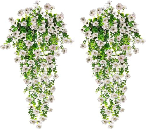 Artifolia 4 Bundles Artificial Hanging Flowers, Fake Violets UV Resistant Silk Flowers for Outdoor,77cm Artificial Plants Hanging for Wall Garden Wedding Indoor Outdoor Planters Décor (White)
