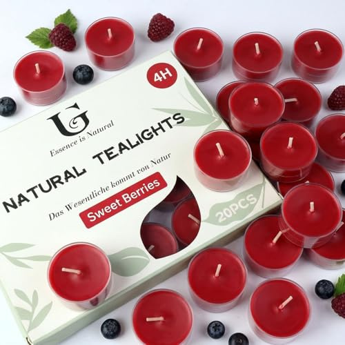 UGBEM 20 Stück süße Beeren Teelichter, 4 Stunden Brenndauer | langbrennende Kerzen für Innen- und Außenbereich, gelbe Duftkerzen für Terrasse, Garten, Camping und Zuhause