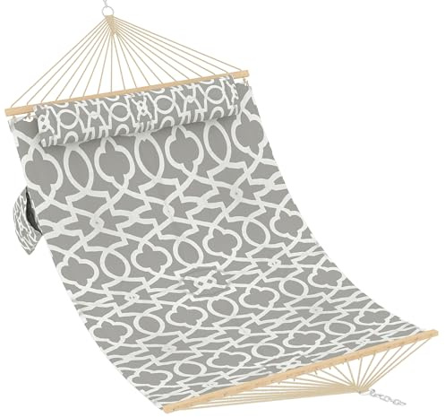 EuKer Komfortable Doppel-Hängematte für 2 Personen – 200x140cm, abnehmbares Kissen, Holzspreizstab, Ketten, bis 204kg – Garten, Terrasse, Balkon, Indoor – Hellgrau gestreift, 350cm