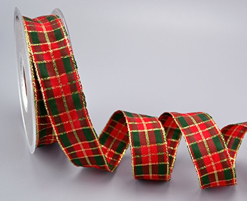 20 m x 25 mm Dekoband Weihnachten KARO ROT/Dunkelgrün/Gold Drahtkantenband Geschenkband kariert Schleifenband Schottenkaro Grün doppelseitig Glanzband mit Lurex Goldkante Draht