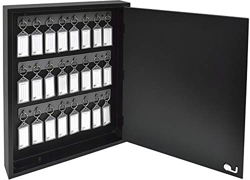 Acrimet 24-Key Cabinet with Lock, Wall Mount Wooden Key Organizer, Security Key Storage Box (24 Positions) with Numbered Hooks & Smoke Key Tags – Commercial & Home Use (Black)