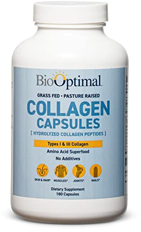 BioOptimal Collagen Peptides Capsules - Grass-Fed, Pasture-Raised Hydrolyzed Protein Supplement for Skin, Hair, & Nails - Non-GMO, Zero Sugar Daily Pills for Men & Women (180 Capsules)
