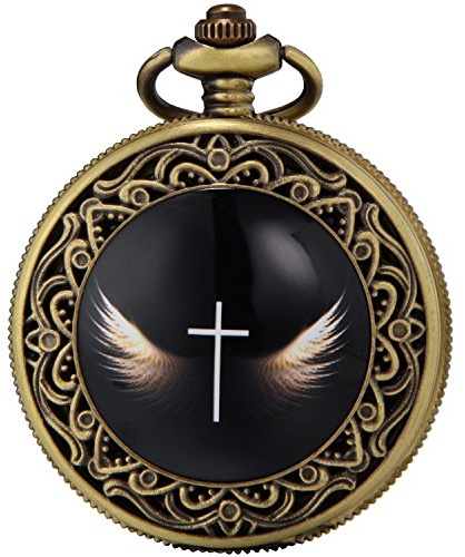SEWOR Orologio da tasca in bronzo smaltato con movimento al quarzo giapponese con doppia catena (metallo e pelle) (ali incrociate2), Ali incrociate 2, giapponese
