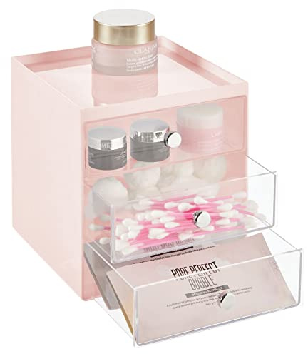 mDesign Make-up Organizer – stapelbare Aufbewahrungsbox mit 3 Schubladen für Mascara, Puder, Nagellack und mehr – Schubladenbox für Badezimmer, Schminktisch oder Büro – rosa und durchsichtig