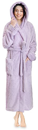 PAVILIA Women Hooded Plush Soft Robe | Fluffy Warm Fleece Sherpa Shaggy Bathrobe (L/XL, Lavender Purple)