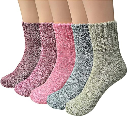 Airabc Thermal Winter Socks 5 Pairs Wool Warm Knitting Ladies Vintage Style Soft Cotton Thick Bed Sock Multicoloured for Home Office School Hiking, Ideal Christmas Gifts for Women