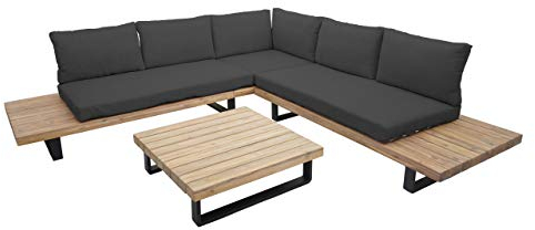 Mendler Garten-Garnitur HWC-H54, Garnitur Sitzgruppe Lounge-Set, Spun Poly Akazie Holz FSC® Alu - Hellbraun, Polster dunkelgrau