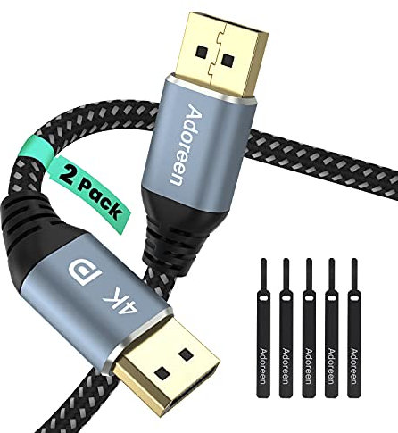 Adoreen Lot de 2 câbles DisplayPort 4K DP 1.2 4K @ 60Hz 2K @ 165Hz 144Hz 1440p tressé Compatible 3D, ordinateur portable, PC TV, moniteur de jeu avec 5 attaches Velcro