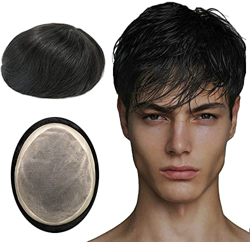 Lordhair Toupet für Männer Haarersatz Systeme Mann, natürliche atmungsaktive Mono-Spitze mit PU-Echthaarperücken für Männer Schwarz Basisgröße (Off Schwarz 1B#,100% Dichte)