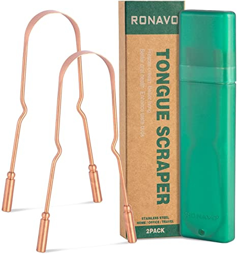 RONAVO Copper Tongue Scraper for Adults (2 Pack), 100% Pure Copper, Naturally Anti-Microbial, Banishes Bad Breath and Maintains Oral Hygiene, Tongue Cleaner with Travel Case, Easy to Use and Clean
