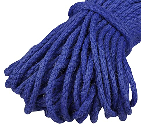 Uiopa Cuerda de Yute 5mm x 10m Cordel Yute Natural Cuerda Cañamo 4 Capas de Cuerda Yute Gruesa, SOGA Gruesa para Decoración de Jardín, Rascador para Gatos, Colgar Fotos, Jardinería (Azul Real)