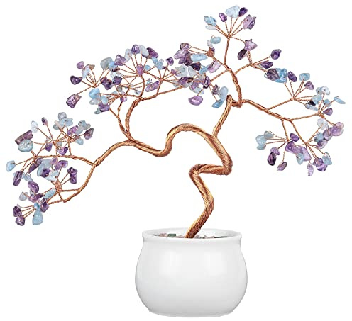 TUMBEELLUWA Reiki Crystal Bonsai Tree with Ceramic Bowl Base Fengshui Stone Money Tree with Quartz Garden Stand for Wealth and Good Luck, Amethyst & Aquamarine