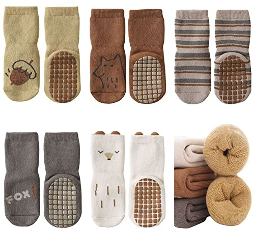 FedMois Pack de 5 Calcetines Térmicos Invierno de Algodón Antideslizantes para Bebé Niño Niña, zorro, 1-3 años