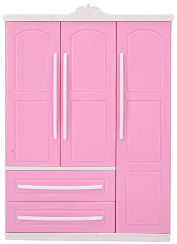 VBESTLIFE Puppenschrank - Realistischer, Miniatur Puppenhaus Kleiderschrank aus Kunststoff in Rosa für Puppen im 1:12 Maßstab für Mädchen ab 3 Jahren