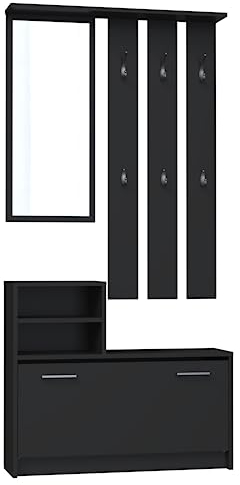 CDF Garderobe | Farbe: Schwarz | Großer Spiegel | Kleiderbügel | Geräumiger Schuhschrank | Ideal für Diele, Flur | Praktische Ablagen | Modernes Design
