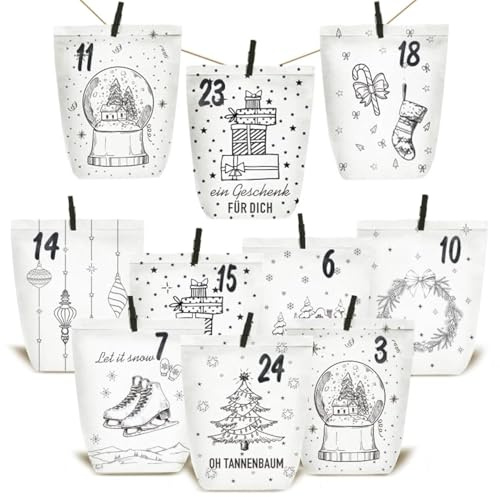 KOHMUI Adventskalender zum Befüllen, 24 Weihnachtskalender Papiertüten zum Selber Basteln, DIY Geschenktüten zum selbst füllen, Kraftpapiertüten Advents Tüten Selbstbefüllen für Kinder & Erwachsene