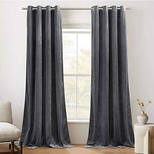 PONY DANCE Blickdichte Vorhänge Samt Grau Thermogardinen gegen Htize | 2er Set, H260xB132cm, 300g/m², Samtgardine, Schwere Vorhänge Hitzeschutz, Sichtschutz, Ösen, für Schlafzimmer Wohnzimmer