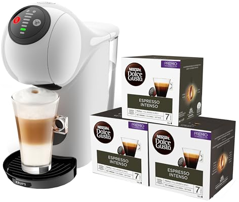 Krups Nescafé Dolce Gusto Genio S, Máquina Compacta de Cápsulas Multibebidas, Alta Presión, Espresso con Crema en 30 Segundos, Parada Automática, Diseño XL, Blanca + 3 Packs de Café Intenso