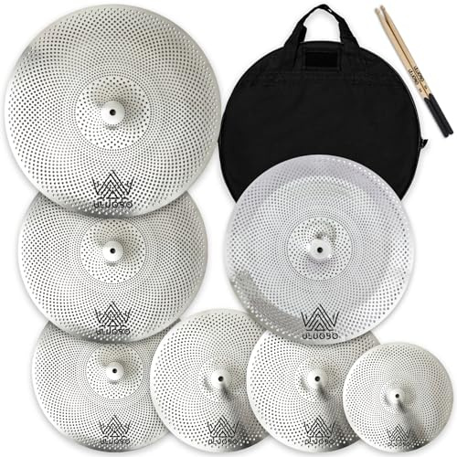 ULUOBO Becken mit geringem Volumen, leises Becken-Set für Schlagzeugerübungen, 25,4 cm Splash + 35,6 cm Hihat + 40,6 cm Crash + 45,7 cm Crash + 45,7 cm China + 50,8 cm Ride, Silber