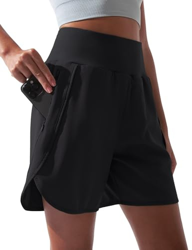 BebreezChic löparshorts för kvinnor, hög midja, sommar, 2-i-1 gymshorts, snabbtorkande, atletisk yoga, träningsshorts med blixtlåsficka, Svart, XL