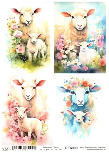 Josys Bastelmärchen Reispapier DIN A4 Strohseide Decoupage Motiv Ostern Schaf Lamm Blumen RE6990