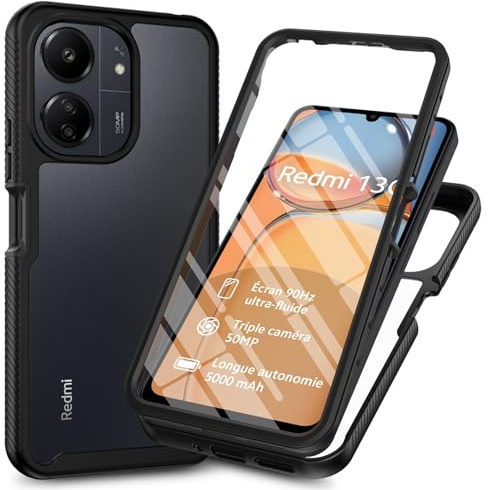 RonRun Funda para Xiaomi Redmi 13C/Poco C65 con Protector de Pantalla Incorporado, Protección de 360 ° Anti Choque Transparente Carcasa Compatible con Xiaomi Redmi 13C/Poco C65 Negro