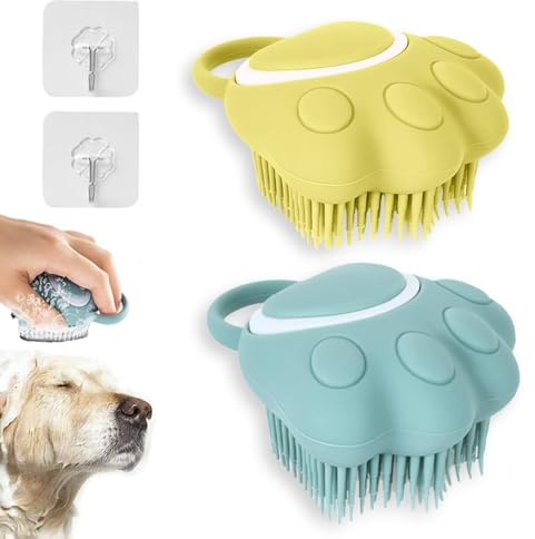 2 stycken badborstar av silikon hund, schampoborste bubbelborste för bad hundtvål med tvåldispenser för hundar och katter lugnande massage tvätt (blå + gul)