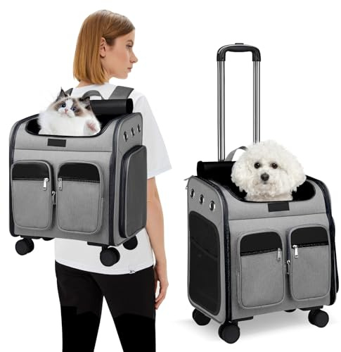 PETCUTE Katzenrucksack Hunderucksack mit Trolley 2 in 1 bis 11 kg,Faltbarer Hundetrolley mit 4 Rädern,Herausnehmbarer Matte,Multifunktionaler,Atmungsaktive Haustier-Reisetrage für Katzen und Welpen