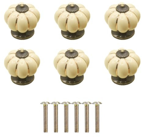 Lot de 6 Poignée Ceramique Citrouille, Bouton de Porte de Placard, Poignet de Porte Bouton Porcelaine avec Vis pour Maison, Bureau, Armoire de Cuisine, Tiroirs et Placard 4x4x4cm (Blanc Ivoire)