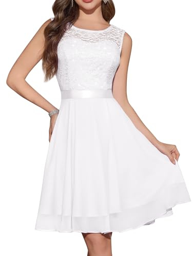Berylove Short Cocktail Dress for Women, Lace Top and Swinging Chiffon Skirt, Gown for Balls and Weddings, glossy white, M