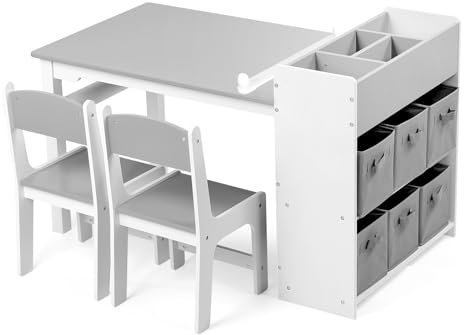 Relquorax Kindertisch mit 2 Stühlen aus Holz, Kinder Maltisch mit kippbarer Tischplatte, 6 Aufbewahrungsboxen und Papierrolle, Kindersitzgruppe mit Stauraum für Kinderzimmer (Grau)
