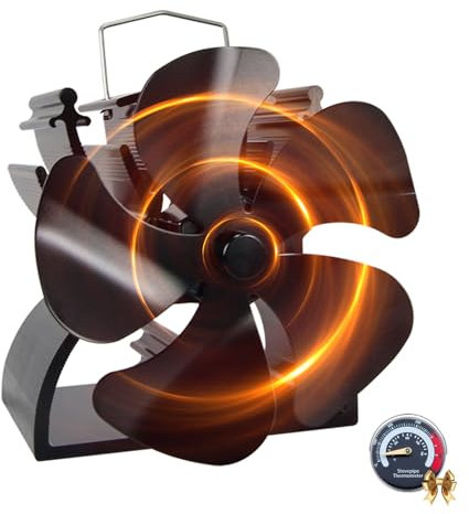 Tomersun Log Burner Fan 4.9 Inches/12.5CM Height 5 Blades Mini Stove Fans with Stove Thermometer Small Woodburner Fan for Log Burners