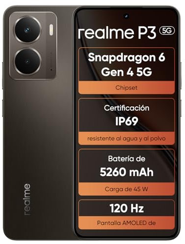 realme P3 5G Smartphone de 12 GB + 512 GB, AMOLED 120 Hz para Esports, Snapdragon® 6 Gen 4, Cámara IA de 50 MP, Batería de 5260 mAh, Sistema de Enfriamiento Aeroespacial, IP69, Gris(sin Adaptador)