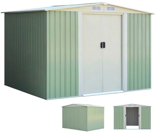RELAX4LIFE Casetta da Giardino 5.26 m² 9.246 m³, 257x205x175,5 cm, in Lamiera d'Acciaio con 2 Porte Scorrevoli e 4 Sfoghi, Tetto Inclinato, per Porta Attrezzi, Tosaerba