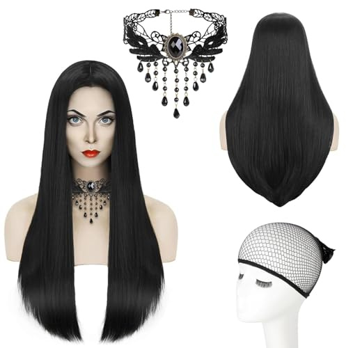 Perücke Frauen Schwarz Lang, Wednesday Perücke, Lange Schwarz Gerade Perücke, Gotische Halskette, Halloween Perücke Schwarz, Lange Schwarze Geflochtene Perücken, für Halloween Karneval Cosplay
