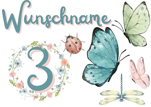 Personalisiertes Bügelbild Set für Textilien,Geburtstag,Wunschname,Wunschzahl,personalisiert,Kinder,Schmetterling,Blumen,Blumenkranz,Libelle,T-Shirts,DIY-Projekte,Geschenke,1,2,3,4,5,6,7,8,9,10...