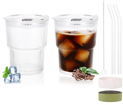 Hejo 2 Piezas Vasos de cristal con Tapa y Pajita, 400ML Vaso de Vidrio Acanalado, Taza de Café Helado Transparente, Vaso Matcha Prueba de Fugas para Café, Té con Leche, Bebidas Frías, Jugos