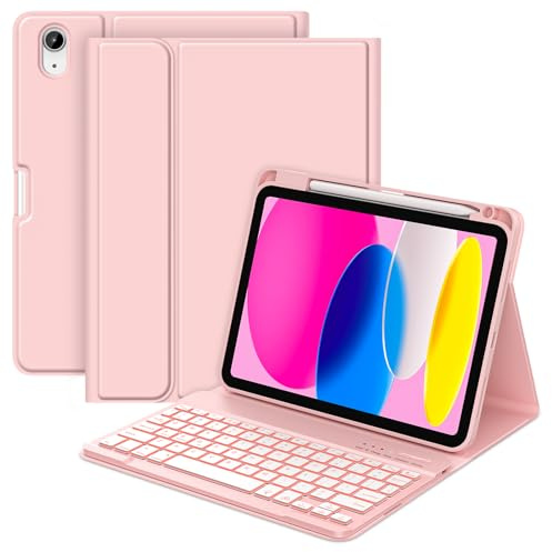 MMK Keyboard Case for iPad A16 11th Gen 2025 / 10th Gen 2022 (11/10.9 inch) | Case with Keyboard Detachable Wireless Bluetooth with 7 Color Backlight, Pencil Holder, Multi-Angle, UK Layout, Pink