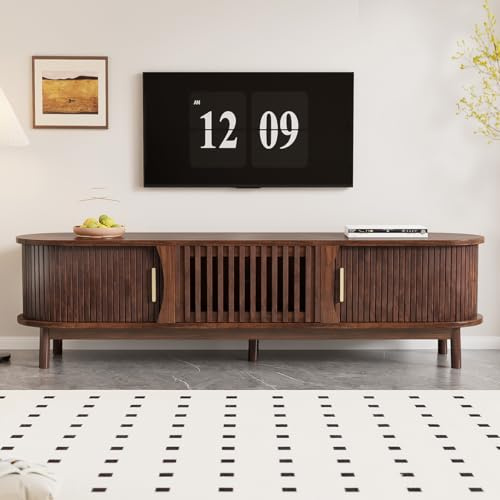 Hennhari Armoire de Télévision, Meuble TV Plat avec Porte Coulissante, avec Porte de Placard Creuse Rabattable vers Le Bas, Adapté pour Supports de TV jusqu'à 65 Pouces (Brun)
