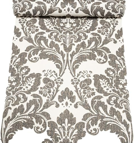 SOPHIE LAURENCE White & Charcoal Damask Wallpaper – Floral Gold Metallic Textured Heavyweight Feature Wall Covering (53 cm × 10 m)